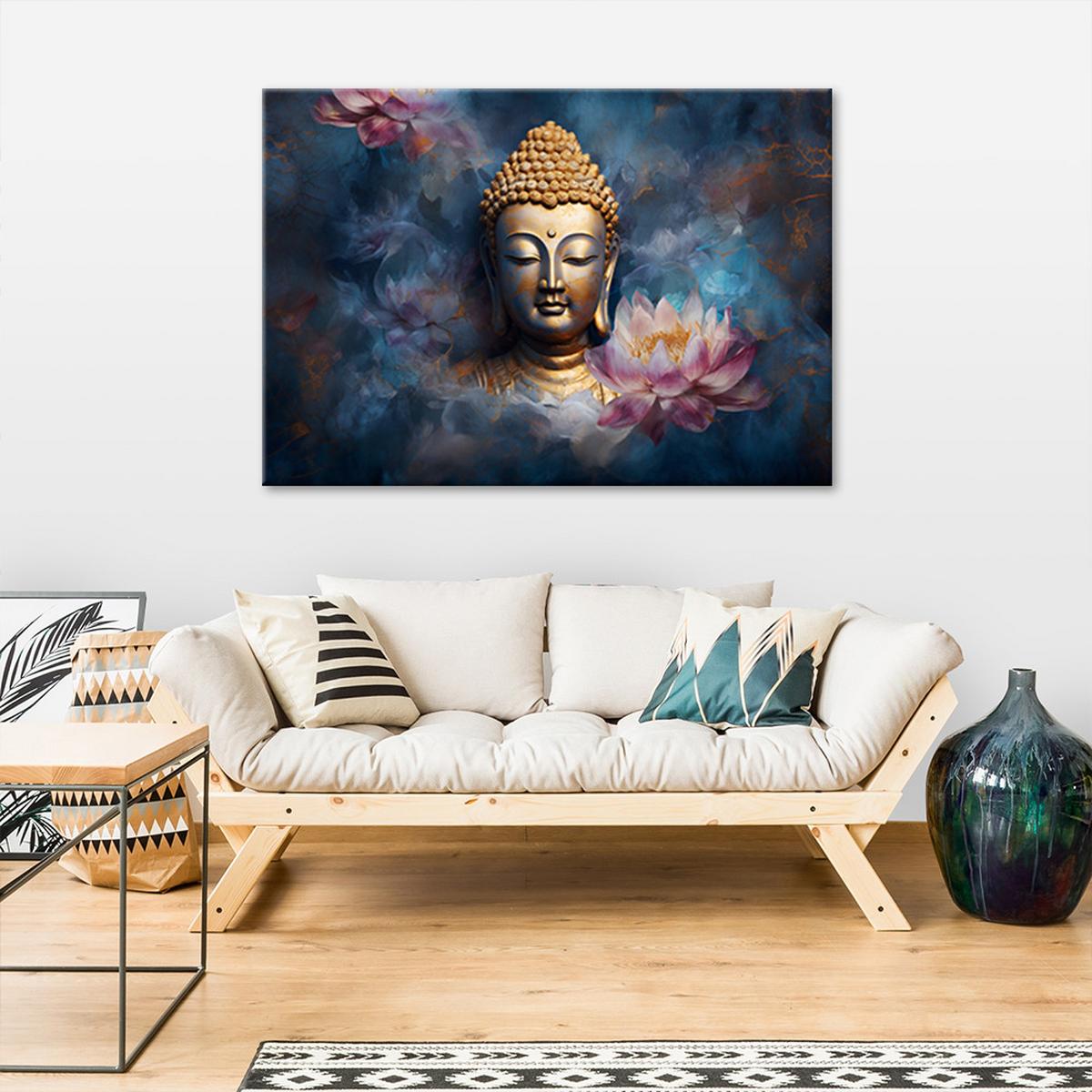 LEINWANDBILD Buddha und Zen Blumen 60x40cm - Blau, Textil (60/40cm) - Feeby