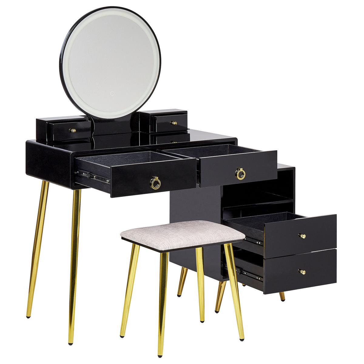 SCHMINKTISCH mit rundem LED-Spiegel Hocker 6 Schubladen schwarz/gold Yves - Goldfarben/Schwarz, Holzwerkstoff (98/133/38cm) - Beliani