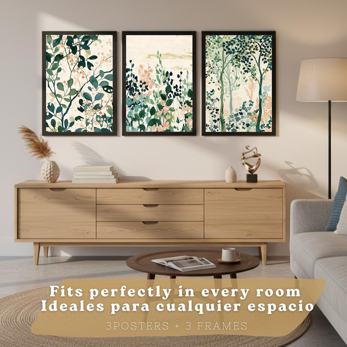 POSTER 3er-Set Wandbilder Floral Bäume modern Wohnzimmer Deko, Schlafzimmer, Küche, Badezimmer Schwarzer Rahmen A4 - Schwarz, Papier (29.7/1/21cm) - Nacnic
