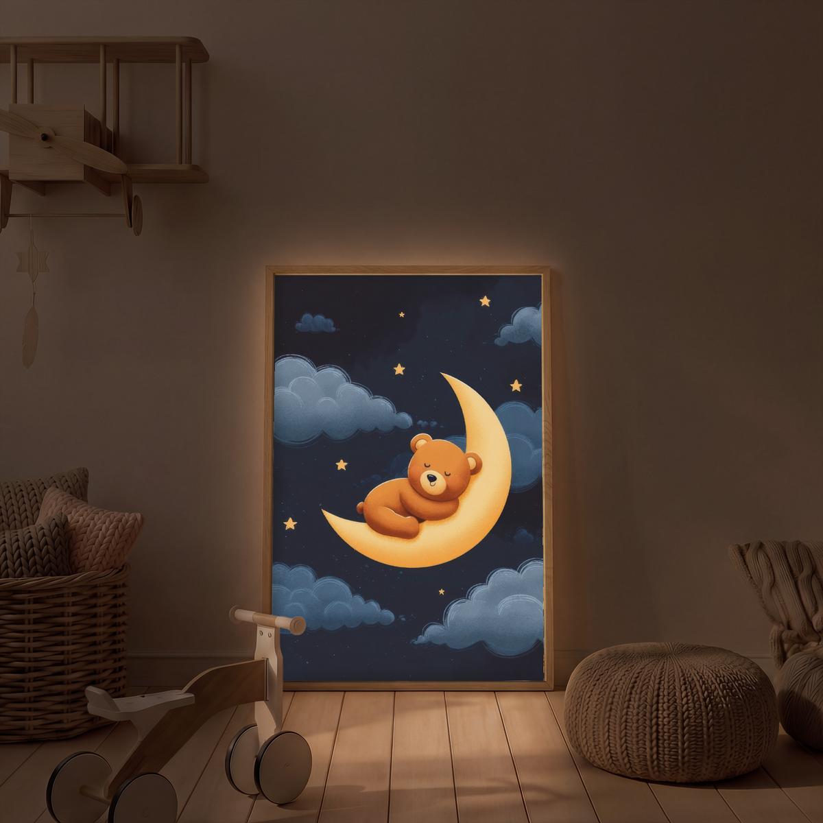 WANDLEUCHTE MIT AKKU Teddybär - Mond - Wolken - Sterne 70x100 cm - Dunkelblau, Holzwerkstoff (70/100/8cm) - OnlyWow