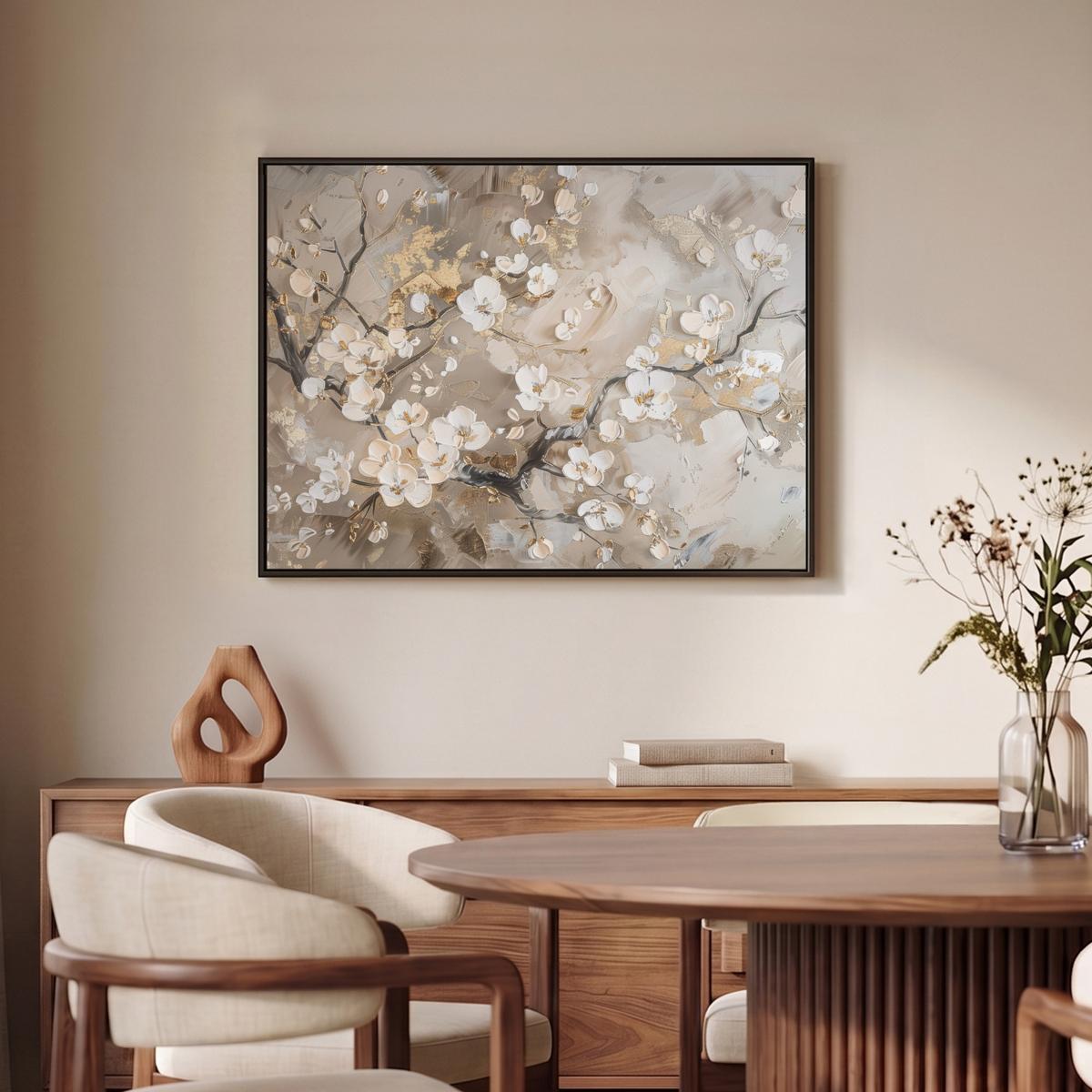 LEINWAND Bilder mit Rahmen - Blumen - Weiß - Gold - Beige - Luxus - 80x60 - Greige, Textil (80/60cm) - MuchoWow