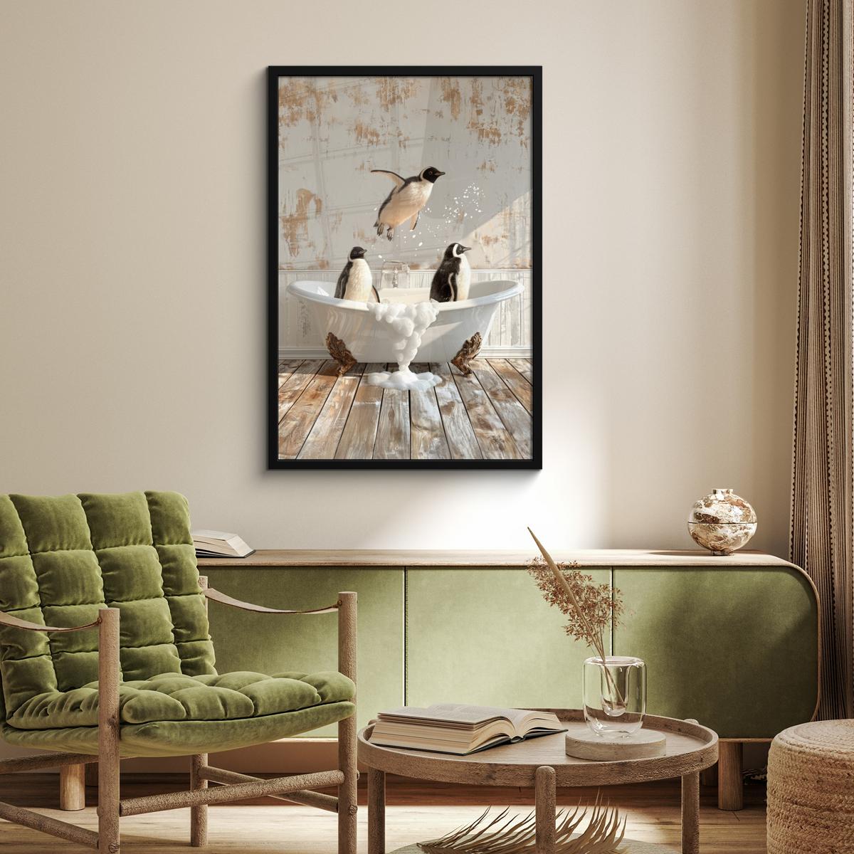 POSTER MIT RAHMENGERAHMTES BILD Vintage - Pinguin - Badewanne - Schaumstoff 60x90 cm - Schwarz, Papier (60/90cm) - MuchoWow
