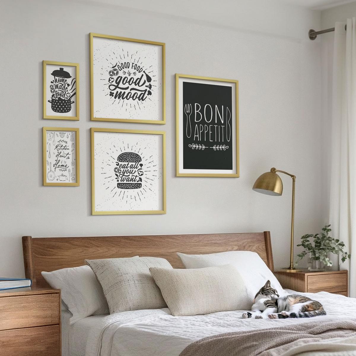 BILDER SET 5er Set - 50x50 cm & 20x30 cm & 40x60 cm Goldrahmen - Grafiken, Lebensmittel, kulinarische Slogans - Goldfarben, Kunststoff (40/60cm) - TULUP