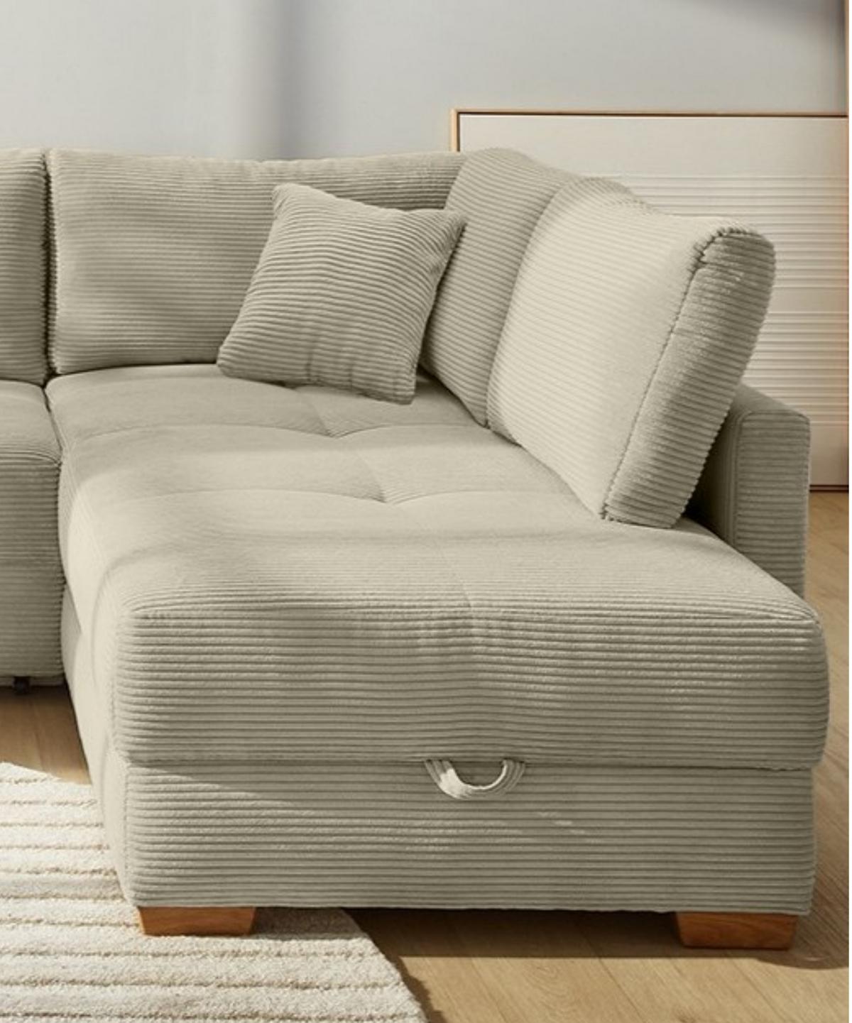 ECKSOFA-DAUERSCHLÄFER Boxspring Federkern Topper Bettkasten, seitenverkehrt montierbar B257/T206/H85 cm, Cord Beige Grau / 15212 - Greige/Eichefarben, Holz/Textil (257/206cm) - luma-home