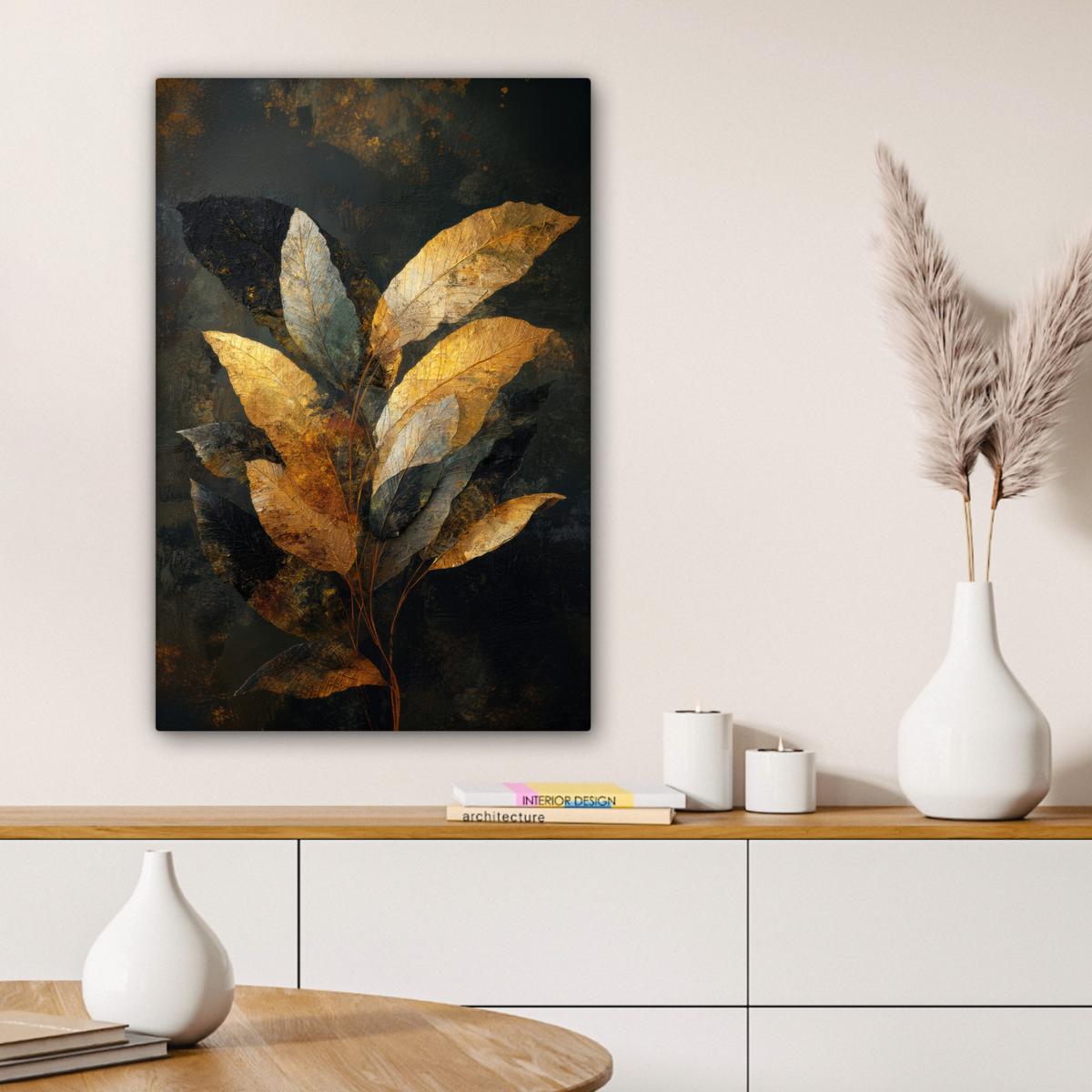 LEINWANDBILD Golden Leaf Komposition - Botanical Luxury Wanddeko 40x60 cm - Goldfarben/Schwarz, Textil (40/60cm) - MuchoWow