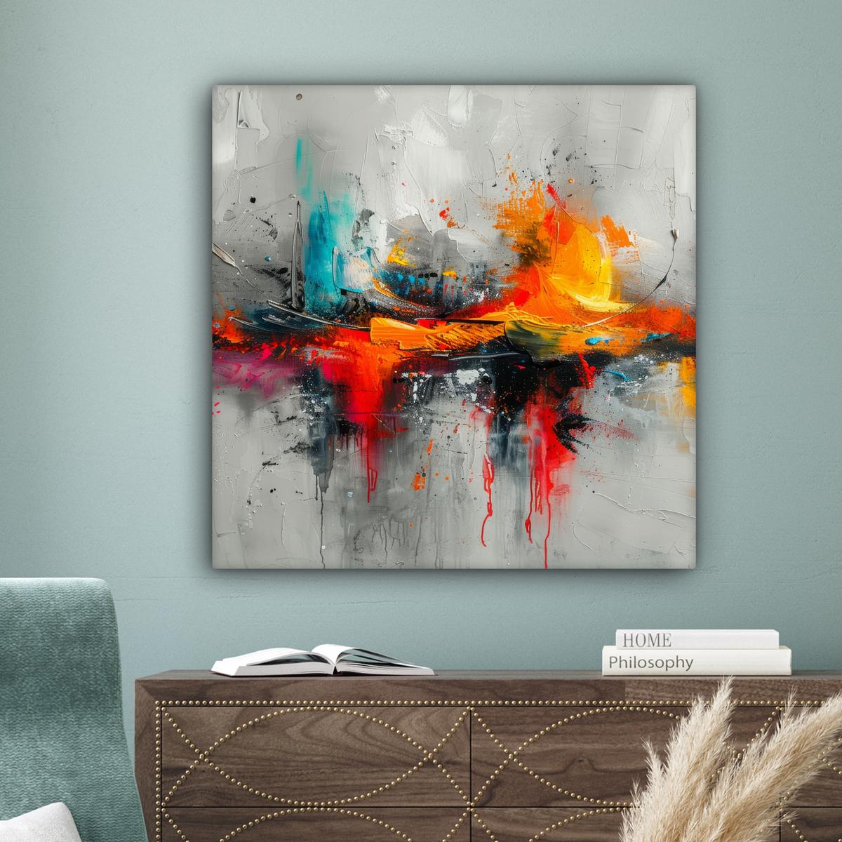 LEINWANDBILD Moderne Kunst - Orange - Grau - Abstrakt Deko Groß 90x90 cm - Hellgrau, Textil (90/90cm) - MuchoWow