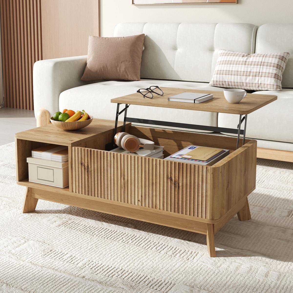 COUCHTISCH holzoptik & 3d-wellen-design mit lift-funktion & verstecktem stauraum - Naturfarben, Holzwerkstoff (48/95/50cm) - Urban Meuble