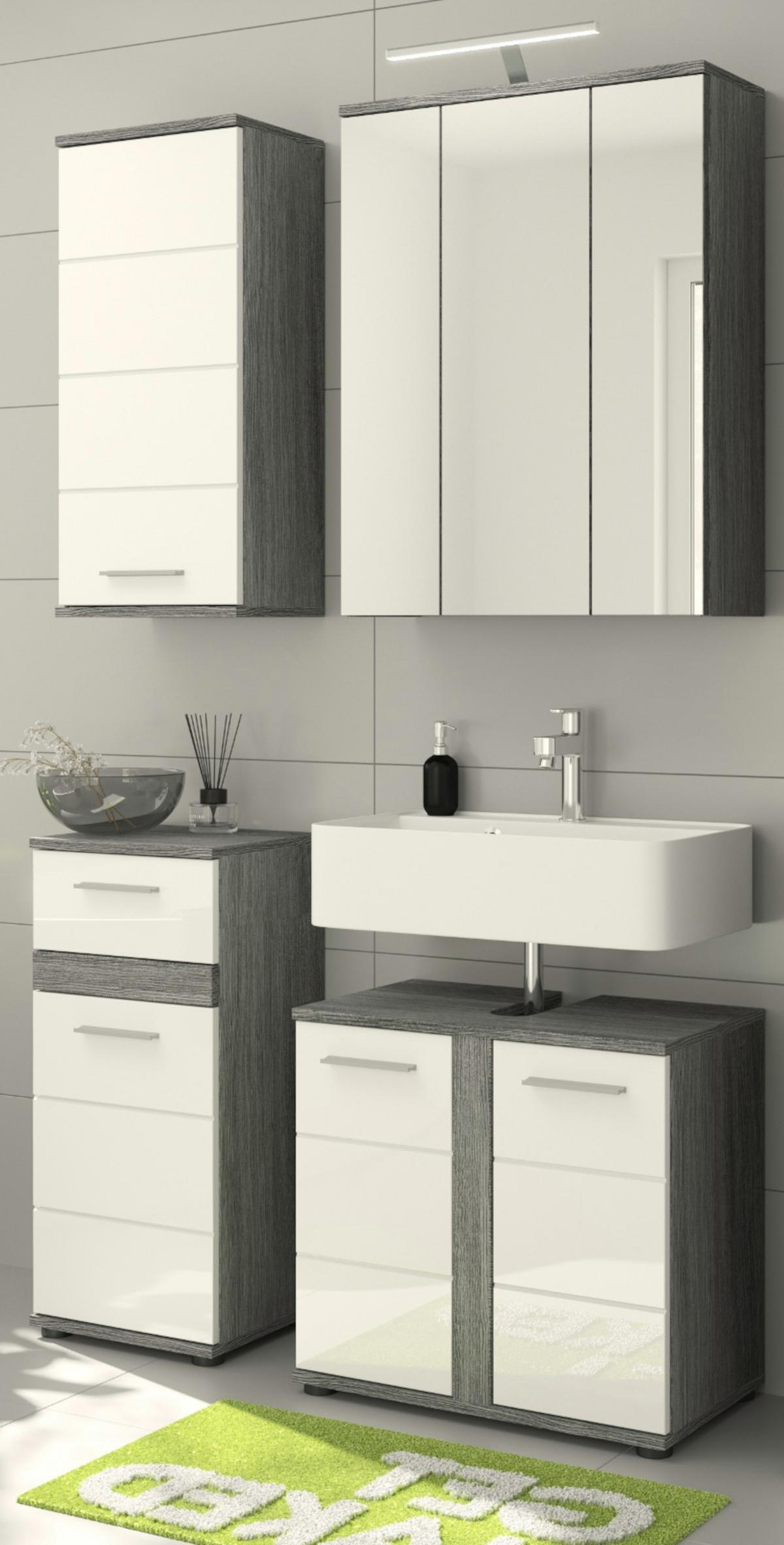 BADMÖBEL-SET weiß Hochglanz, grau Rauchsilber, 4-teilig 114 cm, moderne Badkombination - Weiß Hochglanz/Grau, Glas/Holzwerkstoff (114/191/34cm) - Inn.Furn