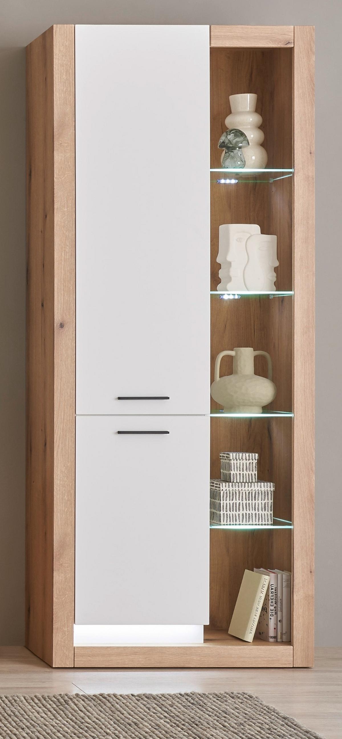 VITRINE weiß matt, Evoke Eiche, Vitrinenschrank 80 x 195 cm - Eichefarben/Silberfarben, Glas/Holzwerkstoff (80/195/37cm) - Furn.Design
