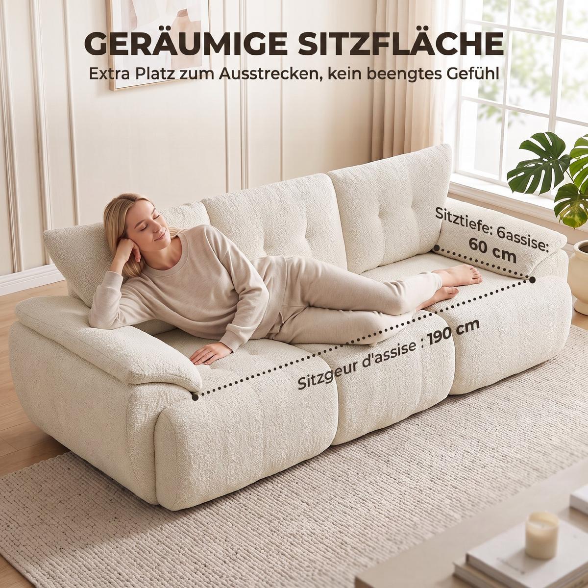 3-SITZER-SOFA Chenille 100 Polyester hochdichter Schaumstoff Cremeweiß - Creme, Textil (92/80/260cm) - HOMCOM