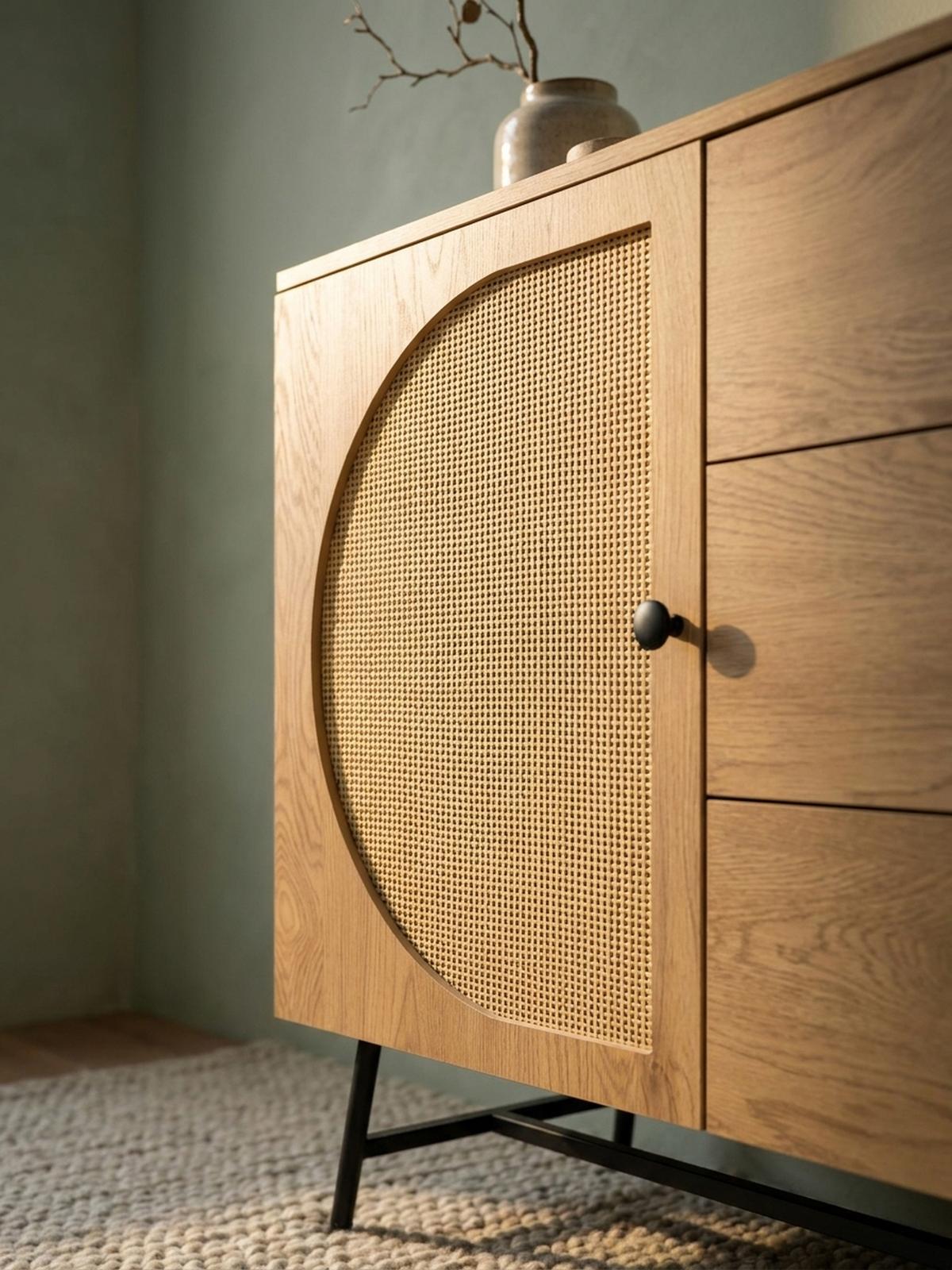 SIDEBOARD – Eiche-Dekor/Rattan, 140x80x40 cm, 2 Türen, 3 Schubladen, hoch - Schwarz/Braun, Holzwerkstoff/Metall (140/80/40cm) - KADIMA DESIGN
