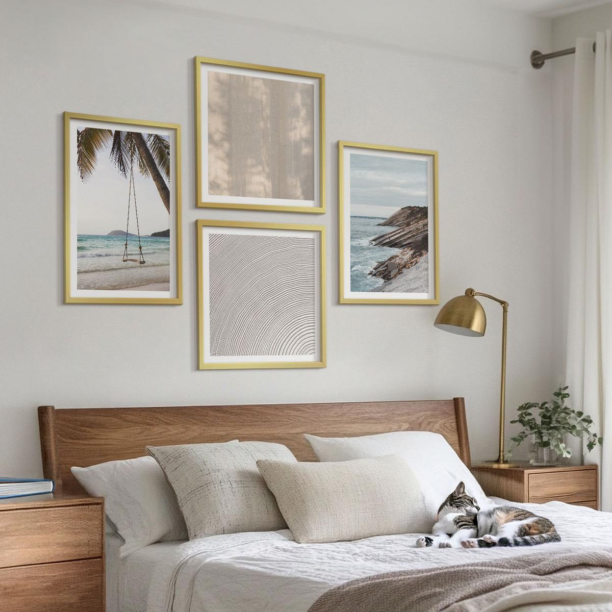BILDER SET 4er Set - 50x50 cm & 40x60 cm Goldrahmen - Sommerlicher Sandstrand mit Meerblick - Goldfarben, Kunststoff (50/50cm) - TULUP