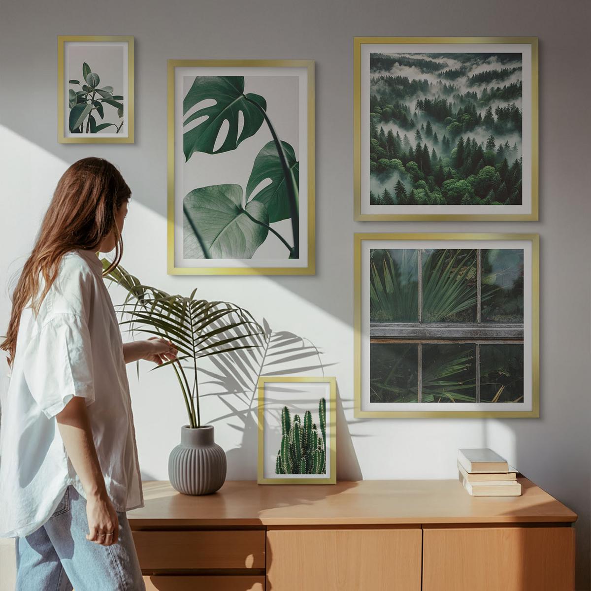 BILDER SET 5er Set - 50x50 cm & 20x30 cm & 40x60 cm Goldrahmen - Ästhetik tropischer Pflanzen - Goldfarben, Kunststoff (40/60cm) - TULUP