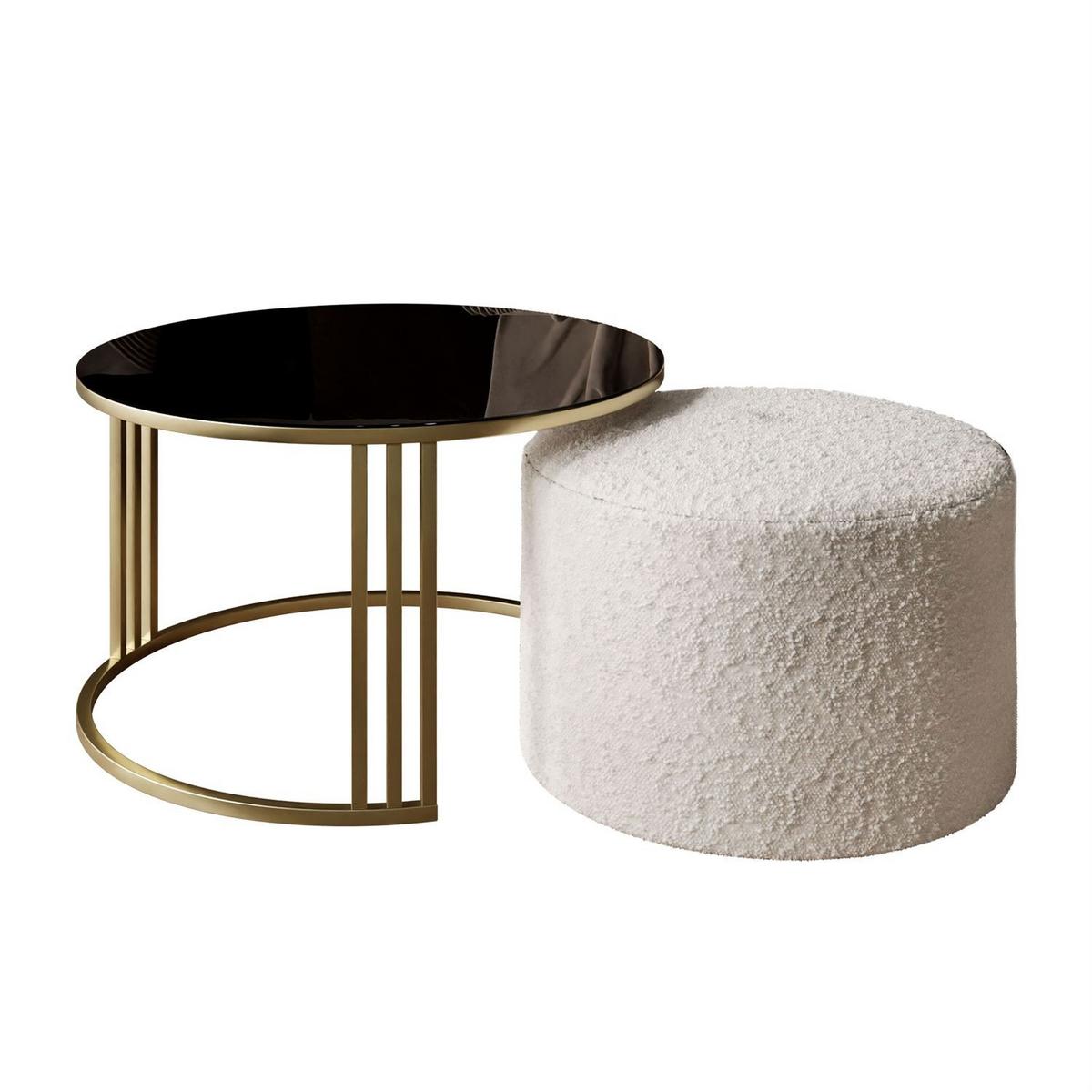 COUCHTISCH mit Hocker LORI GLASS gebürstetes Gold/schwarzes Glas/Coral 50 - Schwarz, Metall (70/70/49cm) - Lookway