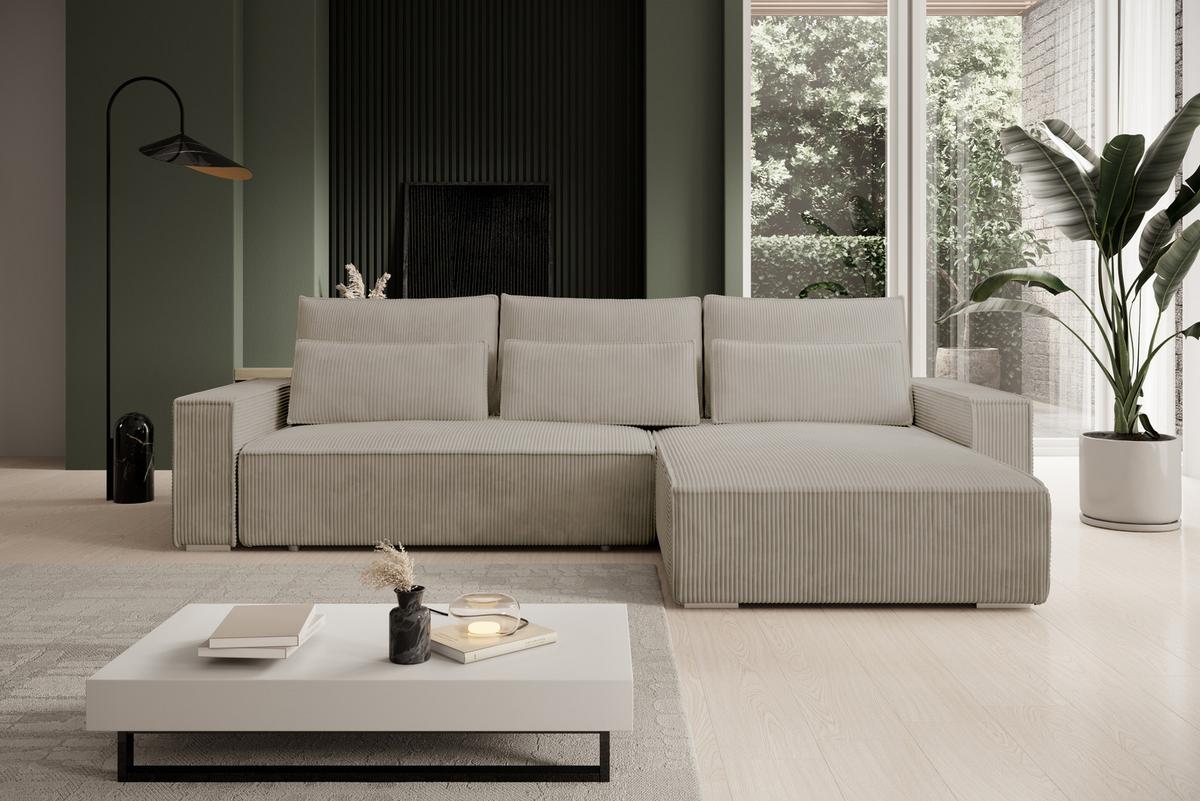 ECKSOFA Alice mit Bettkasten und Schlaffunktion, Cordstoff in L-Form - Beige, Textil (289/184cm)