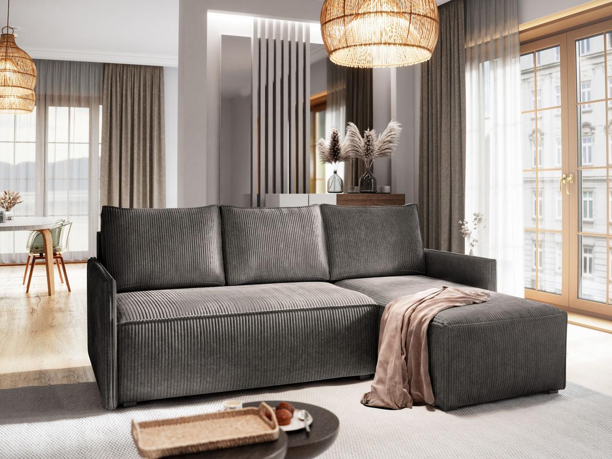 ECKSOFA PERUSI Graphitfarben Kordstoff mit Schlaffunktion - Graphitfarben/Grau, Holz/Kunststoff (206/143cm) - MASSENO