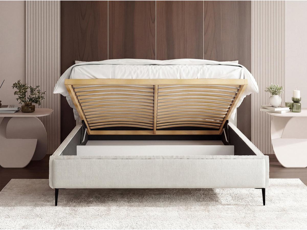 POLSTERBETT Pillow Rise mit Bettkasten, Lattenrost & hohen Metallfüßen in Weiß Chenille 200x200 cm - Birkefarben/Schwarz, Holz/Holzwerkstoff (200/200cm) - WFL GROUP
