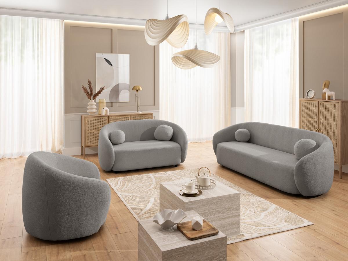 3-SITZER-SOFA Roundi Grau Bouclé - Schwarz/Grau, Holz/Kunststoff (208/76/80cm) - S-Style Möbel