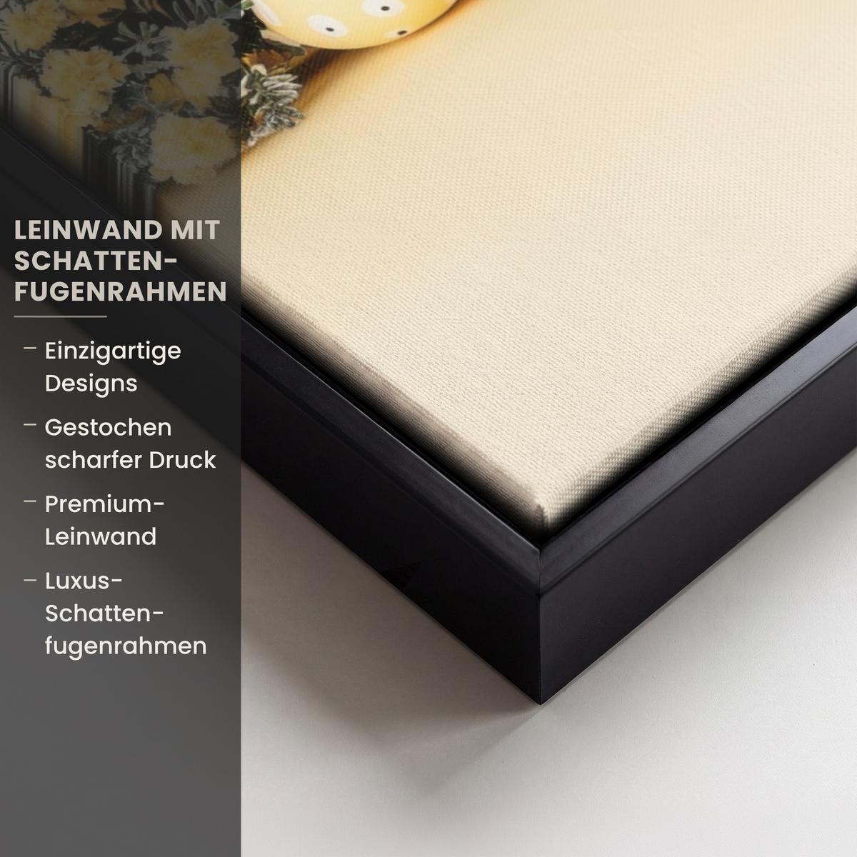 LEINWAND Bilder mit Rahmen - Eier - Kaninchen - Pastellfarbtöne - 50x70 - Hellgelb, Textil (50/70cm) - MuchoWow