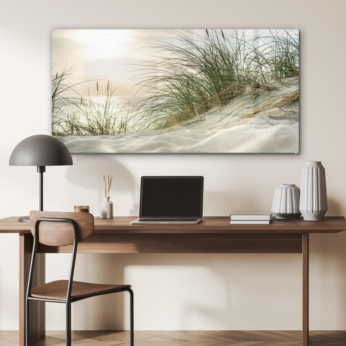 ACRYLGLASBILD Dünen mit Strandhafer in der Sonne des Nationalparks Schleswig-Holsteinisches Wattenmeer 120x60 cm - Creme, Glas (120/60cm) - MuchoWow