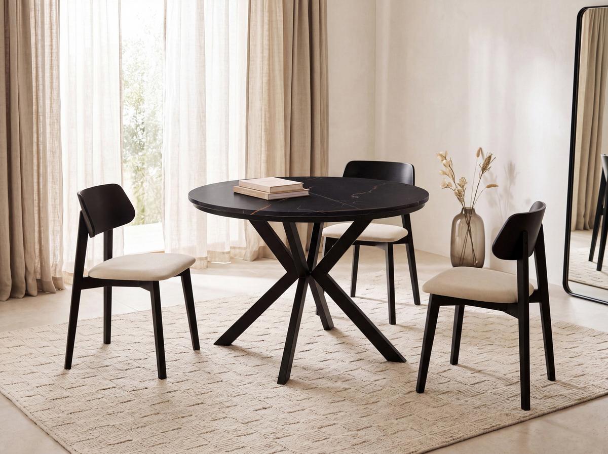 ESSTISCH Valio rund oval ausziehbar verlängerbar mit schwarzen Metallbeinen, Schwarz Marmor Kupfer 100-130/100/76 cm - Schwarz/Kupferfarben, Holzwerkstoff/Metall (100/130/76cm) - WFL GROUP