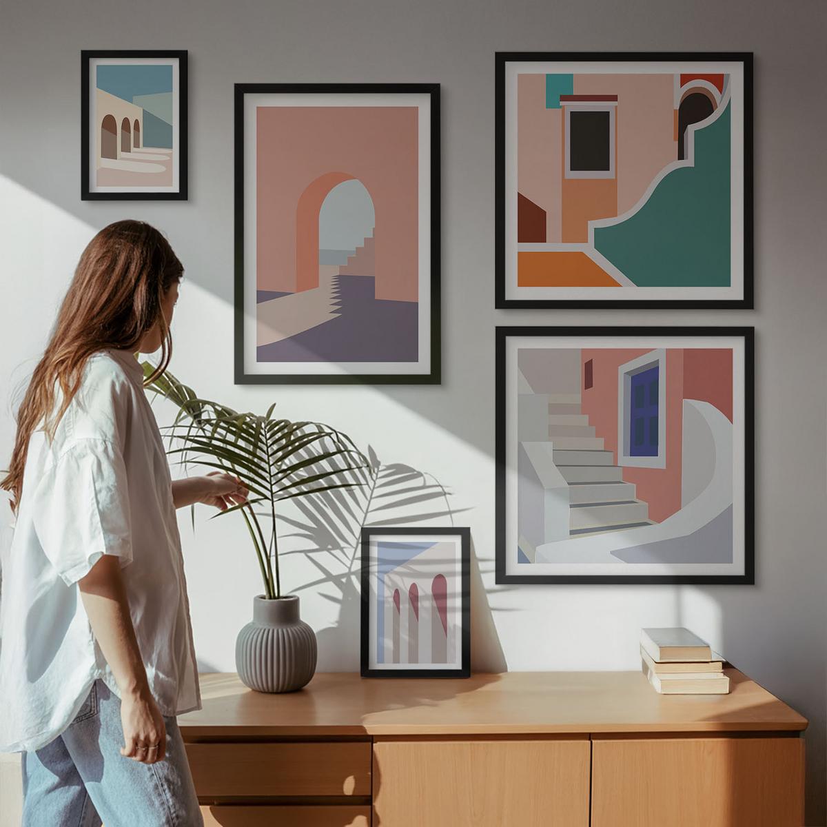 BILDER SET 5er Set - 50x50 cm & 20x30 cm & 40x60 cm Schwarzer Rahmen - Minimalistische Pastellgrafiken - Schwarz, Kunststoff (40/60cm) - TULUP