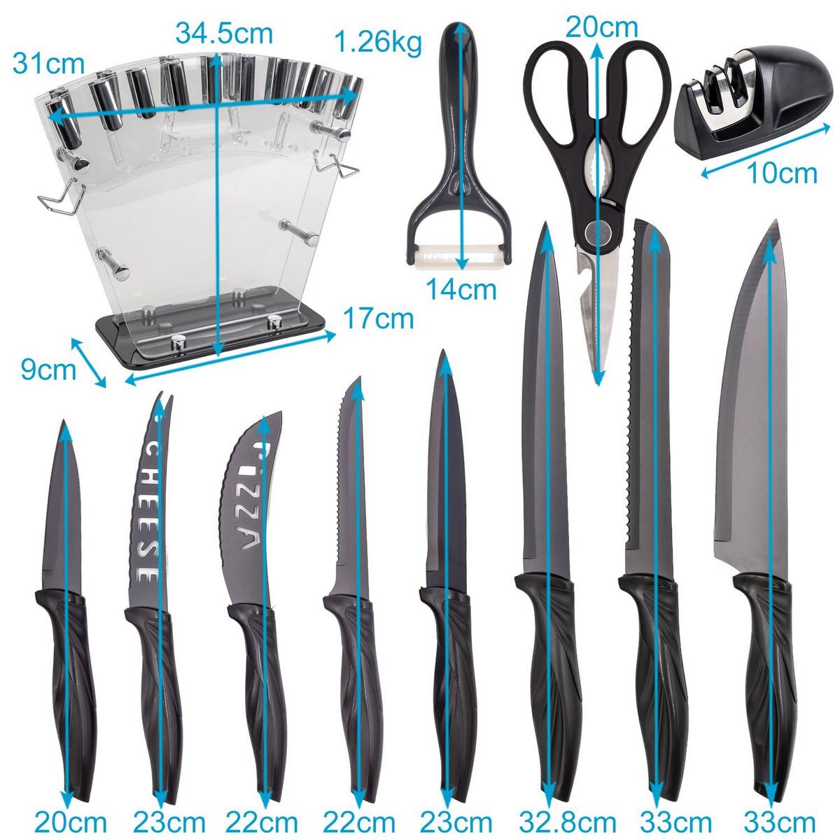 KÜCHENMESSER Set mit Messerblock und Schärfer (17-tlg.) - Schwarz, Metall (11.5/23.5/36cm) - Intirilife