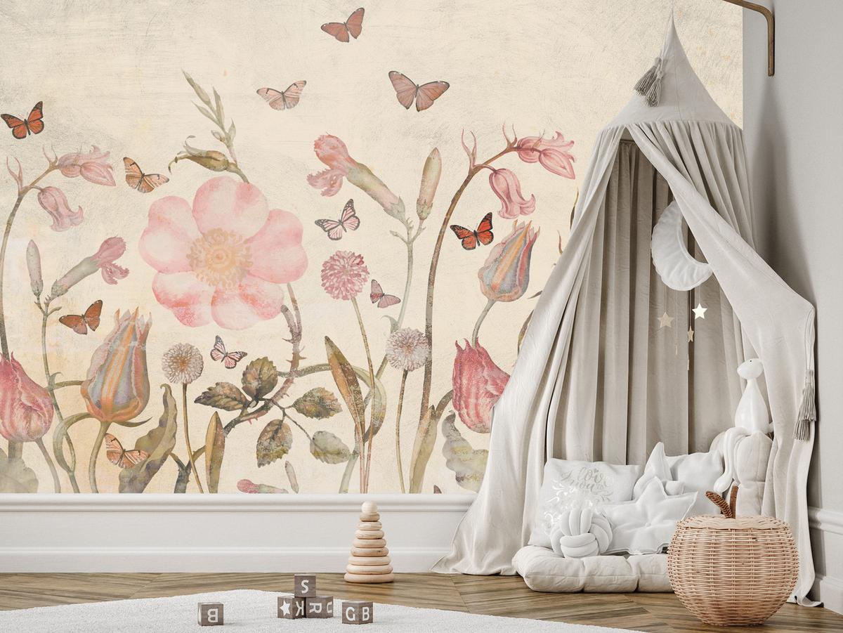 FOTOTAPETE für Kinderzimmer Wiesenblumen Aquarell Schmetterlinge Boho 450x315 - Beige/Rot, Papier (450/315cm) - Muralo
