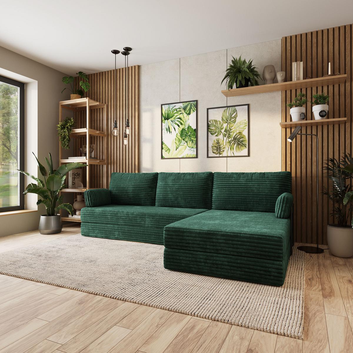 ECKSOFA ANKO modulares Boneless Sofa mit Schlaffunktion Grün Kordstoff - Grün, Textil (270/160cm) - MASSENO