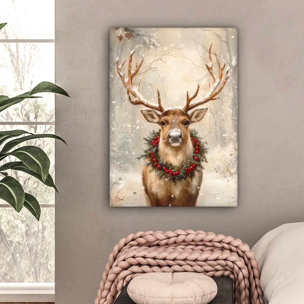 LEINWANDBILD Weihnachten - Rentier - Winter - Kranz Wandbild Wohnzimmer 60x80 cm - Naturfarben, Textil (60/80cm) - MuchoWow