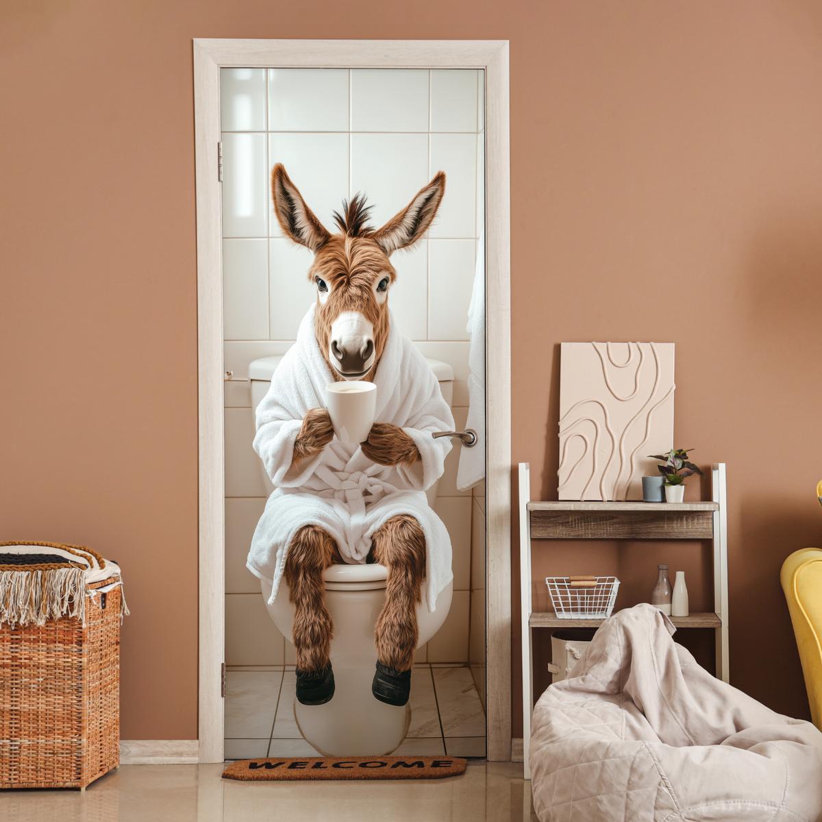 TÜRAUFKLEBER Esel - WC - Lustig - Bademantel - Tier 90x235 cm - Türtapete - Beige, Kunststoff (90/0.1cm) - MuchoWow