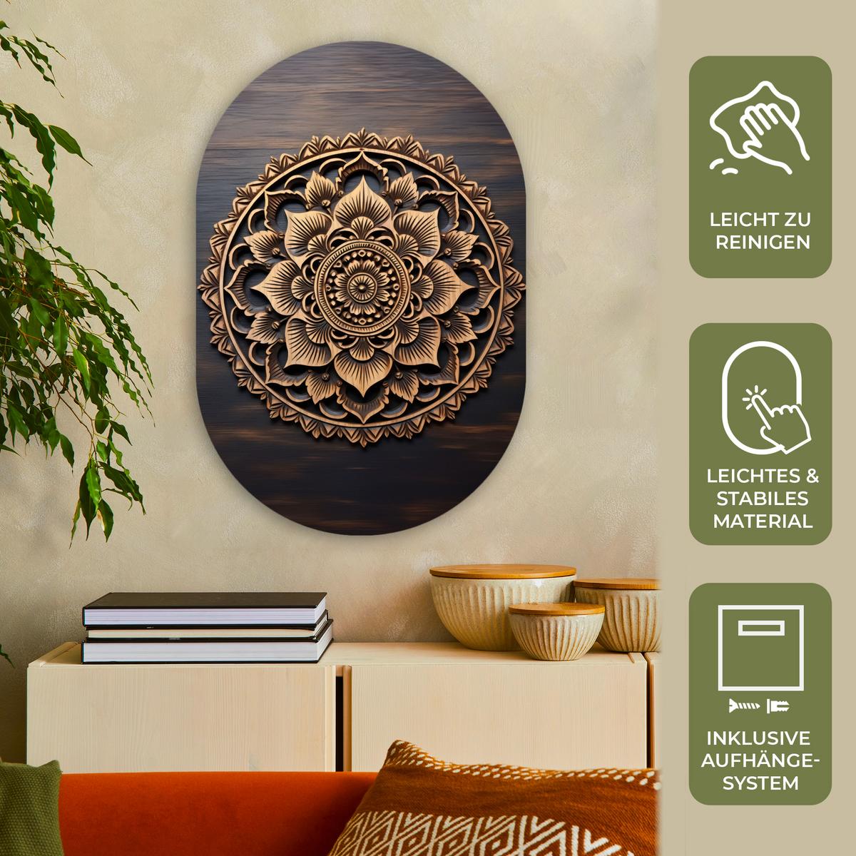 WANDBILD Mandala - Holz - Blumen - Braun Wanddeko Schlafzimmer 60x90 cm - Gelb, Kunststoff (60/90cm) - MuchoWow