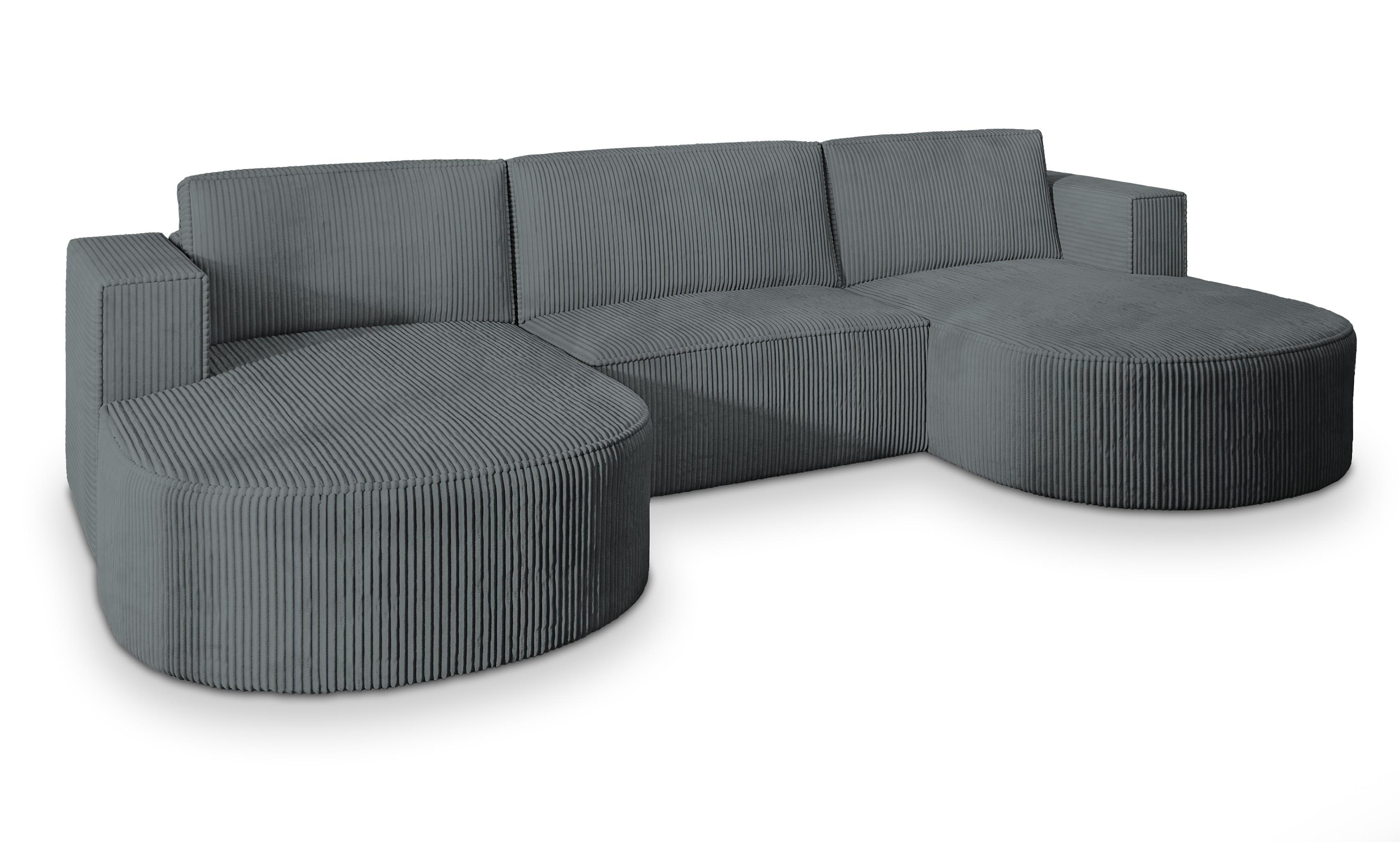 WOHNLANDSCHAFT VEZZO P Grau Kordstoff mit Schlaffunktion - Grau, Holz/Kunststoff (347/85/174cm) - MASSENO