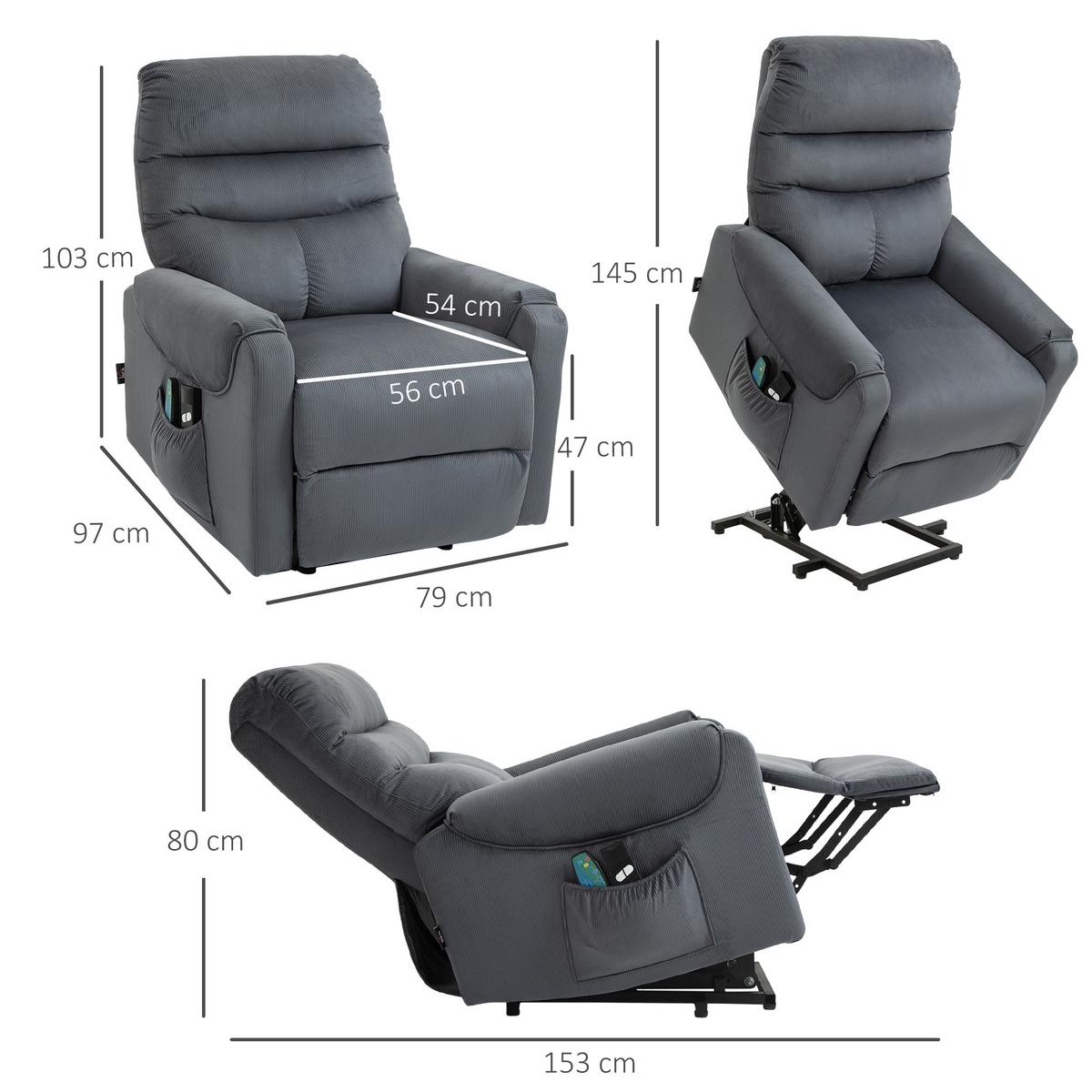 FERNSEHSESSEL Sessel mit Aufstehhilfe mit Massagefunktion Heizung Dunkelgrau - Dunkelgrau/Schwarz, Textil/Metall (93/110/83cm) - HOMCOM