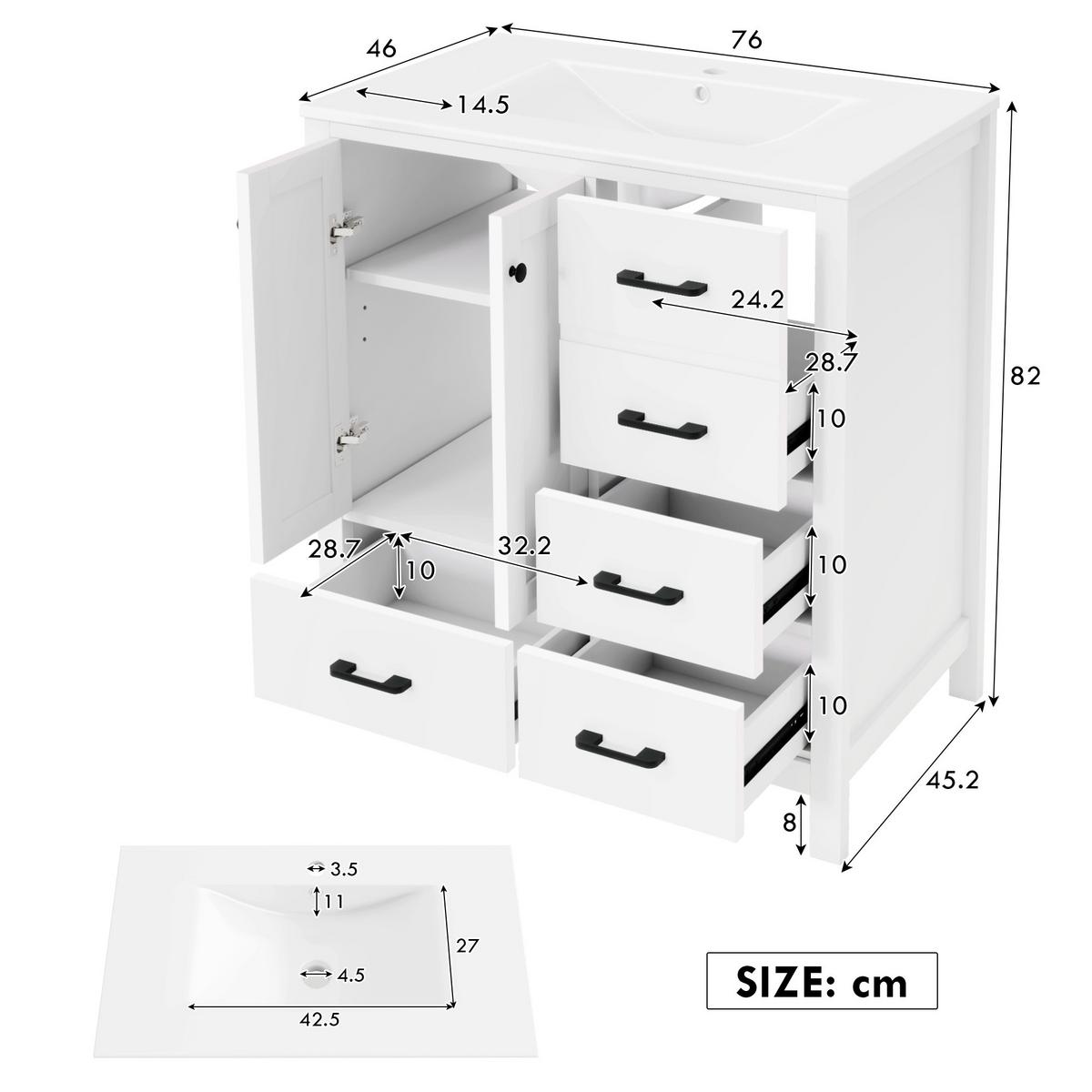 WASCHTISCH Freistehend Weiß mit Keramikbecken & 4 Schubladen - Weiß, Holzwerkstoff (76/82/46cm) - Urban Meuble