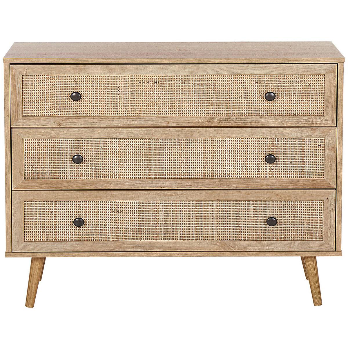 KOMMODE 3 Schubladen Rattan heller Holzfarbton Ponca - Hellbraun/Schwarz, Holzwerkstoff (90/79/40cm) - Beliani