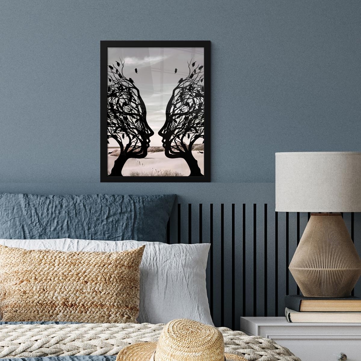 POSTER MIT RAHMEN Strand - Meer - Menschen - Baum - Moderne Kunst Bilderrahmen 30x40 cm - Hellgrau, Papier (30/40cm) - MuchoWow