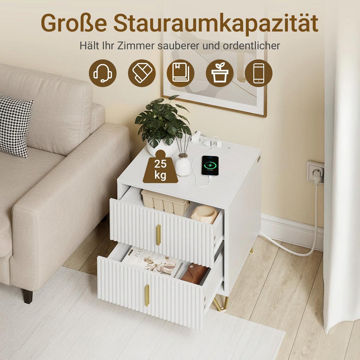 NACHTTISCH mit Ladefunktion und 2 schubladen, weiß 40x40x47cm - Weiß, Holzwerkstoff (40/47/40cm) - SoBuy