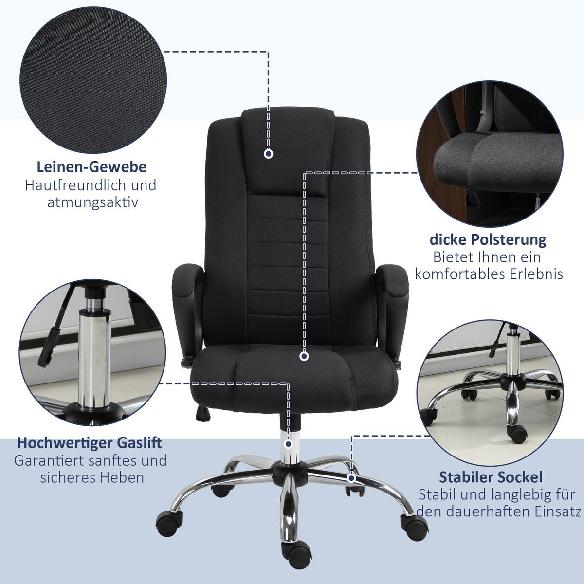BÜROSTUHL Computerstuhl mit Wippenfunktion höhenverstellbar drehbar Leinen-Touch - Schwarz, Kunststoff (62/119/76cm) - Vinsetto