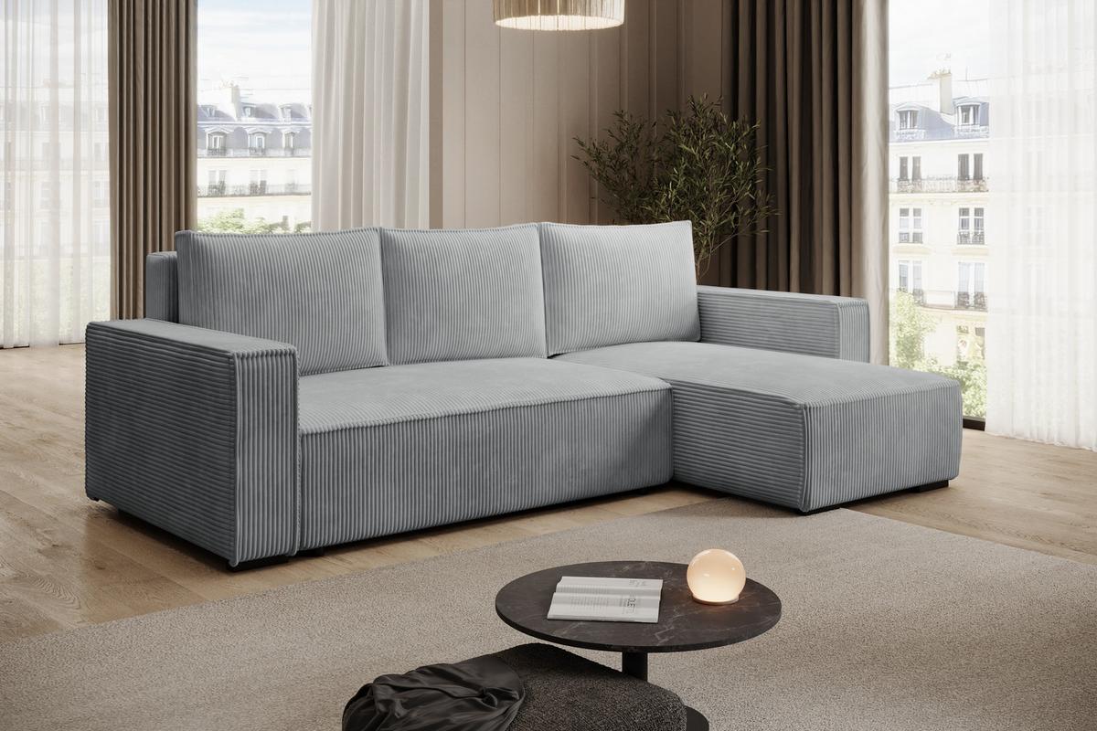 ECKSOFA CUDDY L, Eckcouch in L-Form mit Schlaffunktion und Bettkasten, Farbe: Grau, Cordstoff, Ottomane Rechts - Grau, Textil (240/140cm) - Storez24