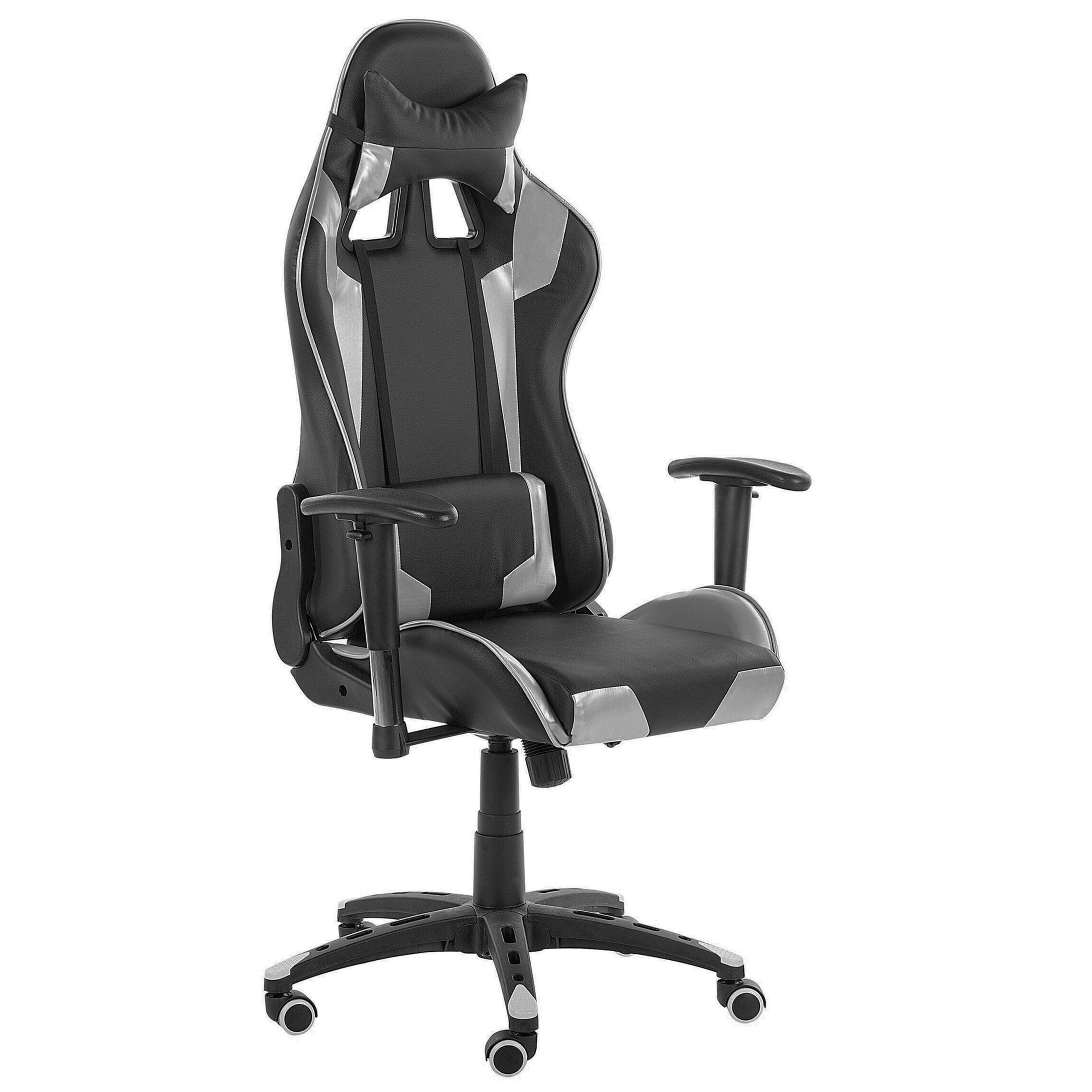 GAMINGSTUHL Kunstleder Schwarz/Silber Knight - Schwarz, Kunststoff/Textil (71/129/71cm) - Beliani