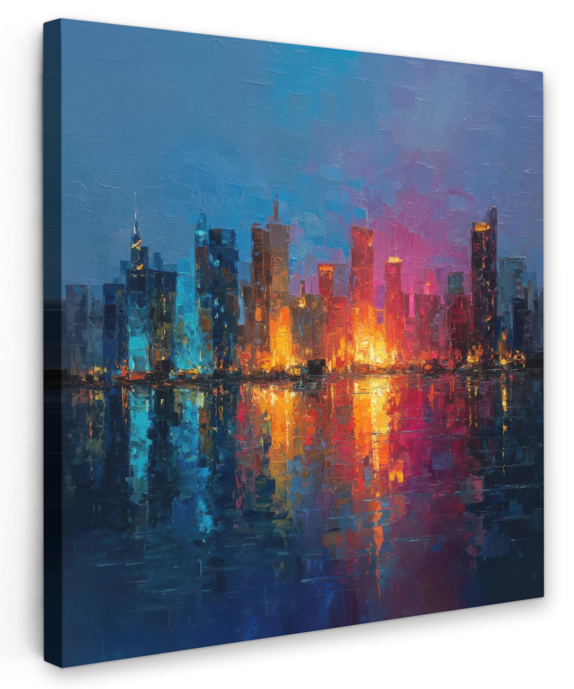 LEINWANDBILD Skyline - Pinselstriche - Dunkelblau - Leuchtend Deko Groß 90x90 cm - Blau, Textil (90/90cm) - MuchoWow