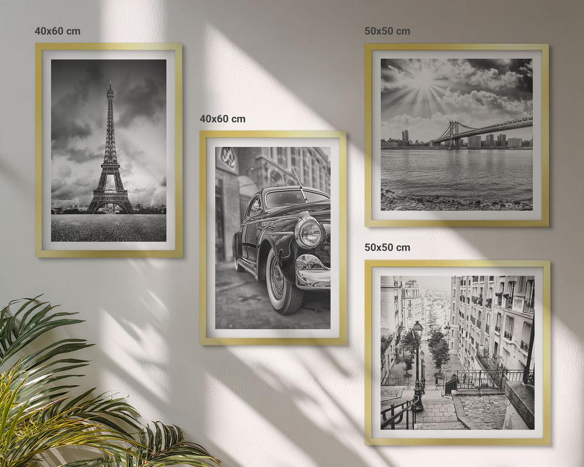 BILDER SET 4er Set - 50x50 cm & 40x60 cm Goldrahmen - Stadtansichten, Brücken, Eiffelturm, Auto - Goldfarben, Kunststoff (50/50cm) - TULUP
