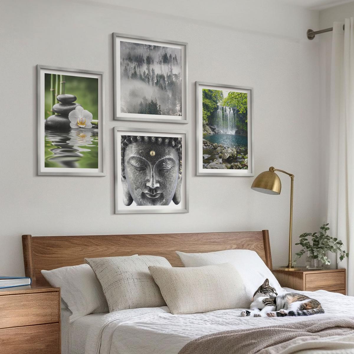 BILDER SET 4er Set - 50x50 cm & 40x60 cm Silberner Rahmen - Harmonie der Natur, Steine, Wasser, Buddha - Silberfarben, Kunststoff (50/50cm) - TULUP