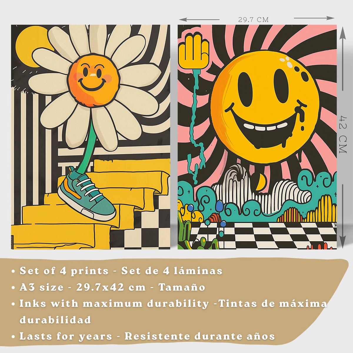 POSTER 4er Kunstdruck-Set Wandbilder Smiley Acid House modern Wohnzimmer Deko, Schlafzimmer, Küche, Badezimmer Schwarzer Rahmen A3 - Schwarz, Papier (29.7/1/42cm) - Nacnic