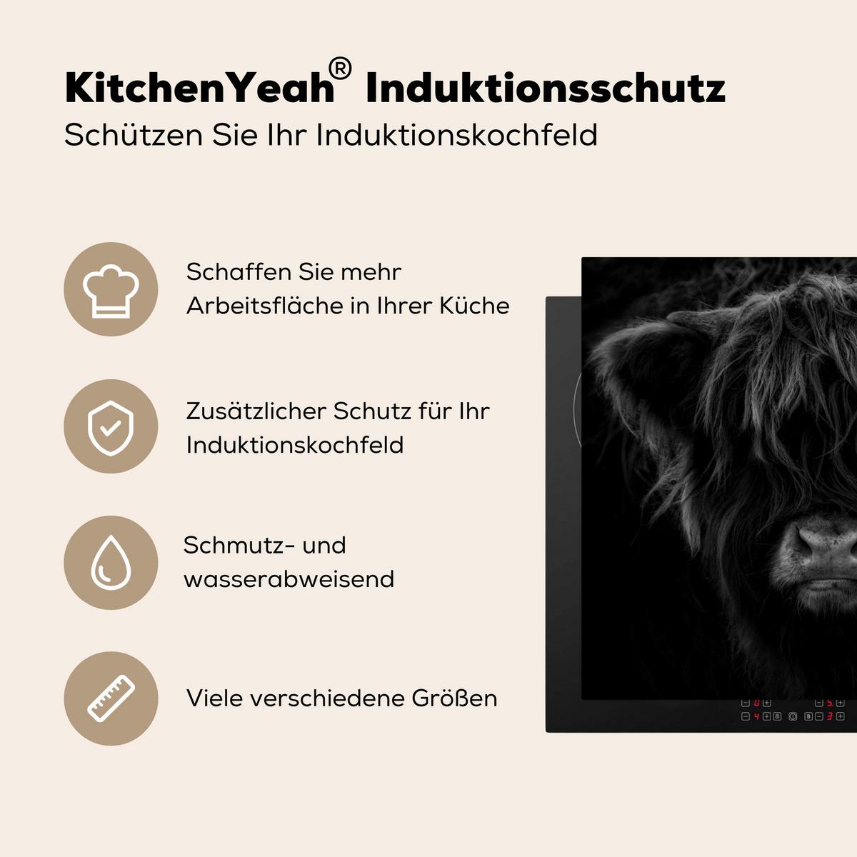 HERDABDECKPLATTE Schottischer Highlander - Kuh - Schwarz - Weiß - Tiere Abdeckung Ceranfeld 57.6x51.6 cm - Schwarz, Kunststoff (57.6/51.6/0.2cm) - MuchoWow