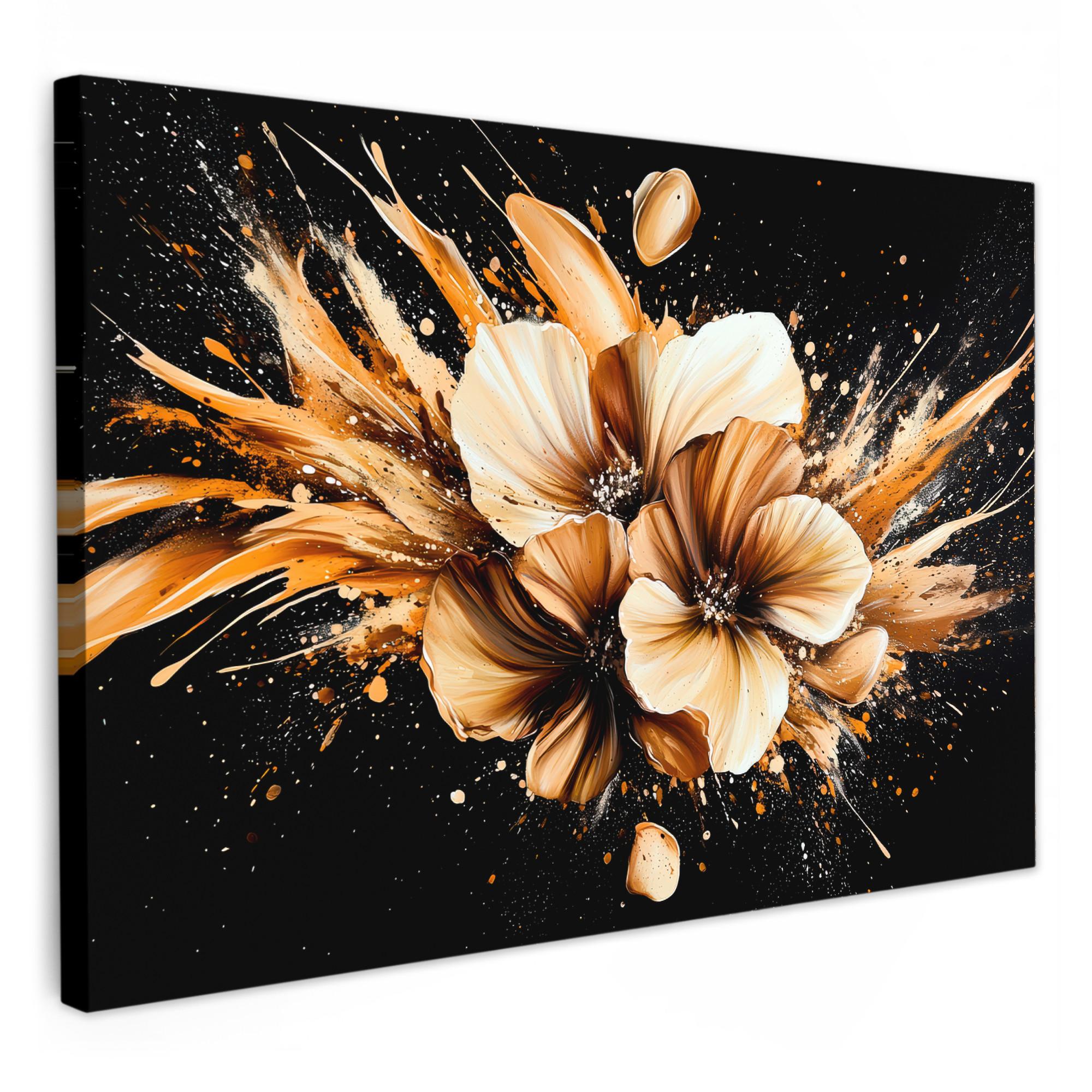 LEINWANDBILD Blumen - Gold - Graffiti - Schwarz - Abstrakt Wohnzimmer Groß 120x80 cm - Cappuccino, Textil (120/80cm) - MuchoWow