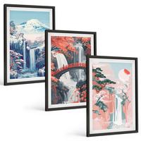BILDER SET 3er Set - 40x60 cm Schwarzer Rahmen - Wasserfälle, Berge, Brücken, Bäume - Schwarz, Kunststoff (40/60cm) - TULUP