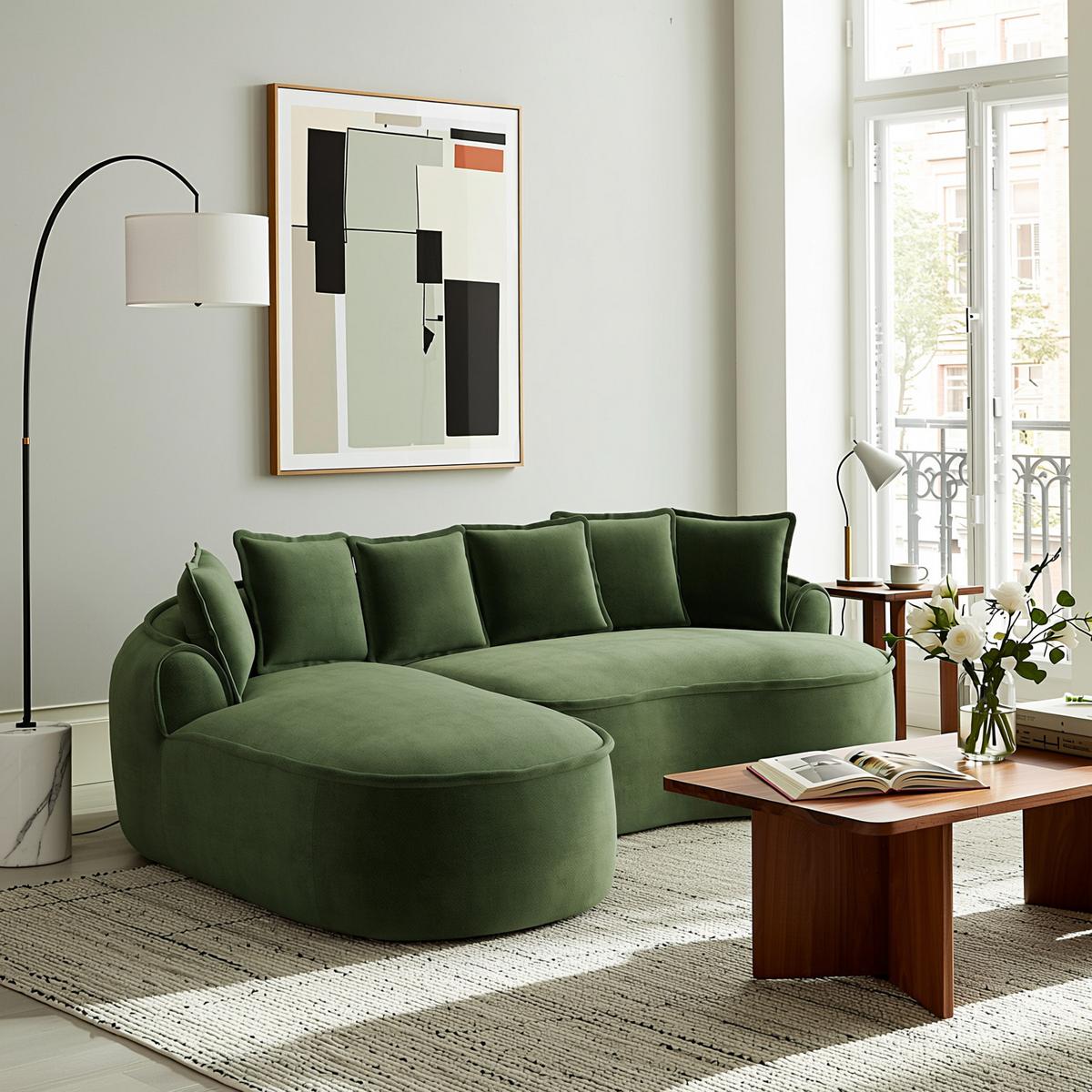 ECKSOFA chenille mit extra tiefer chaiselongue & rahmenlosem design - Grün, Textil (252/164cm) - Urban Meuble