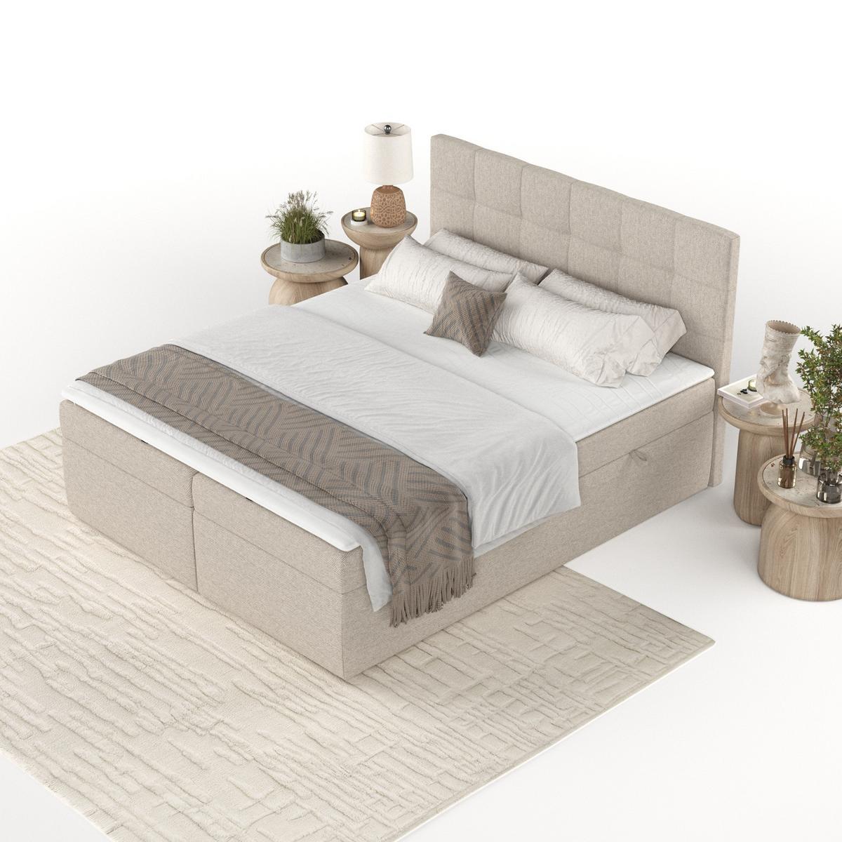 BOXBETT Lean 140/200 cm Hellbeige im Megan Stoff - Sandfarben/Schwarz, Holz/Holzwerkstoff (140/200cm) - AltaBeds